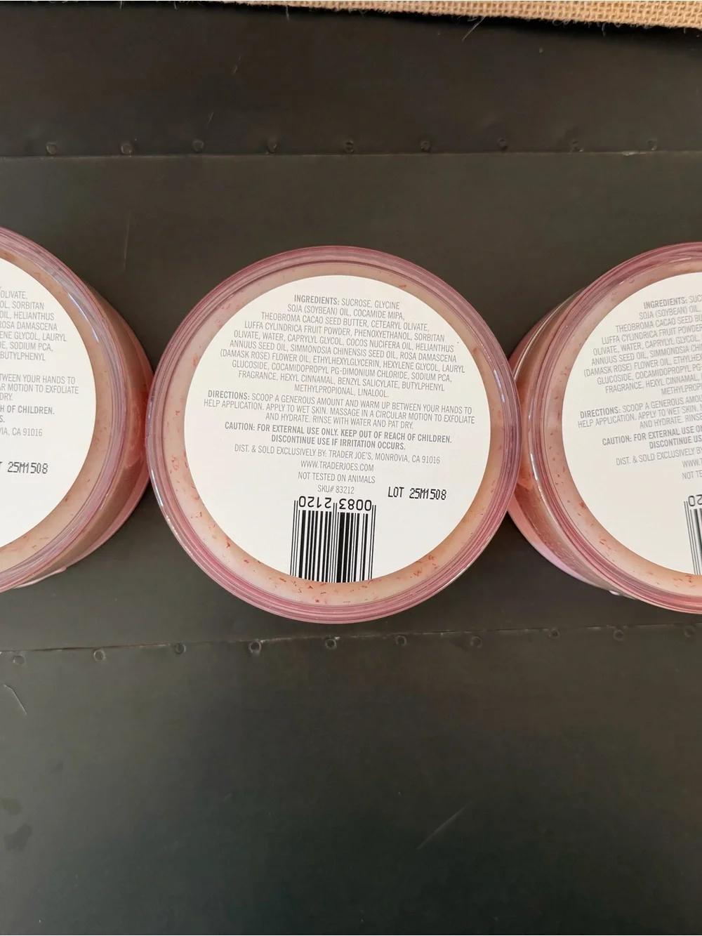Trader Joe’s Rose Oil Body Scrub 3-Pack + Pasadena Jute Tote Bag NEW